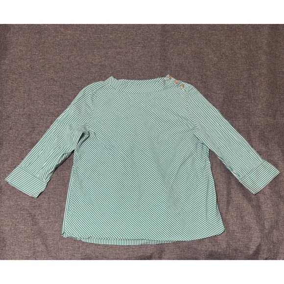 Chico's Tops - Chico's Women's 3 (16/18) Blouse Green White Striped Button Shoulder 3/4 Sleeve